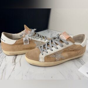 Golden Goose Beige and White Sneakers with Glittering Silver Star